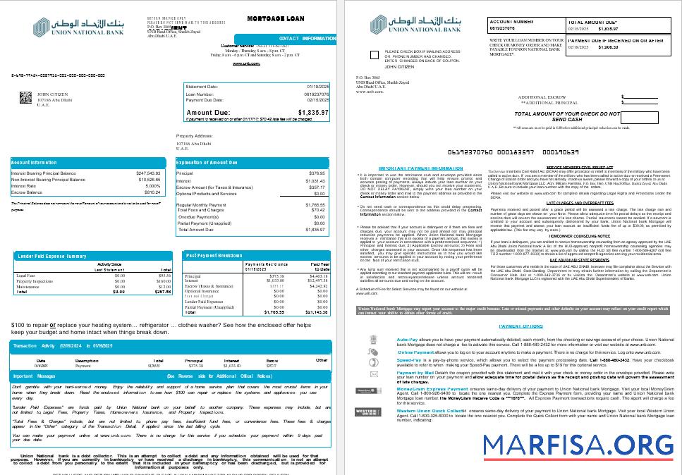 Blank UAE Abu Dhabi Union National bank mortgage loan statement in Word and PDF formats , 8 pages 1 2 sample